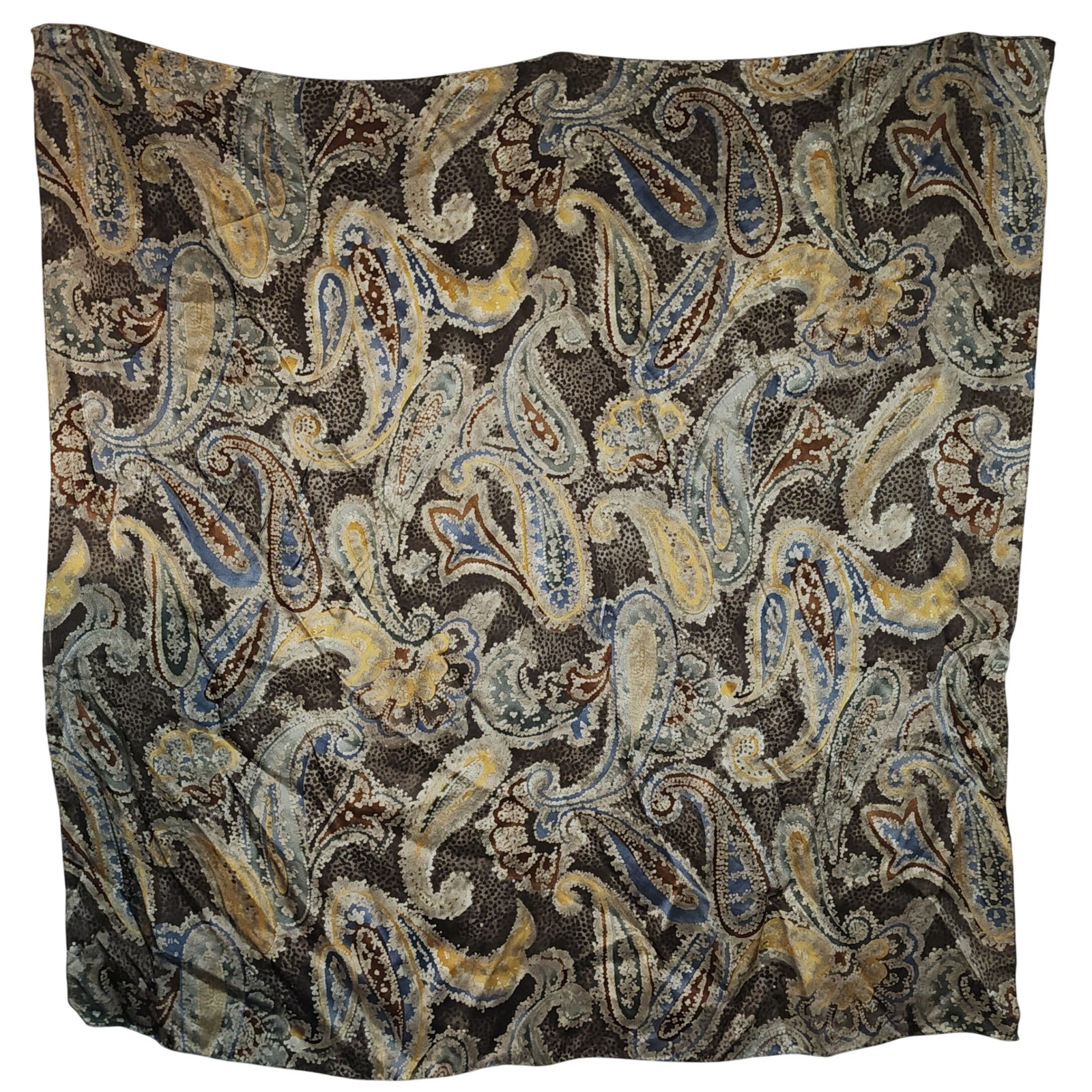 Vintage Express Silk Square Scarf Brown Blue Gold Paisley Print 100 Silk 34x34